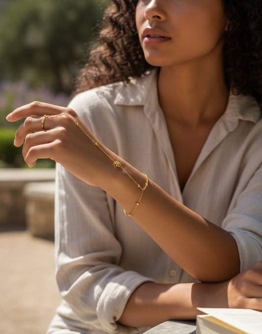 18K Gold Plated Hand Chain – Beaded Flower Detail ✨