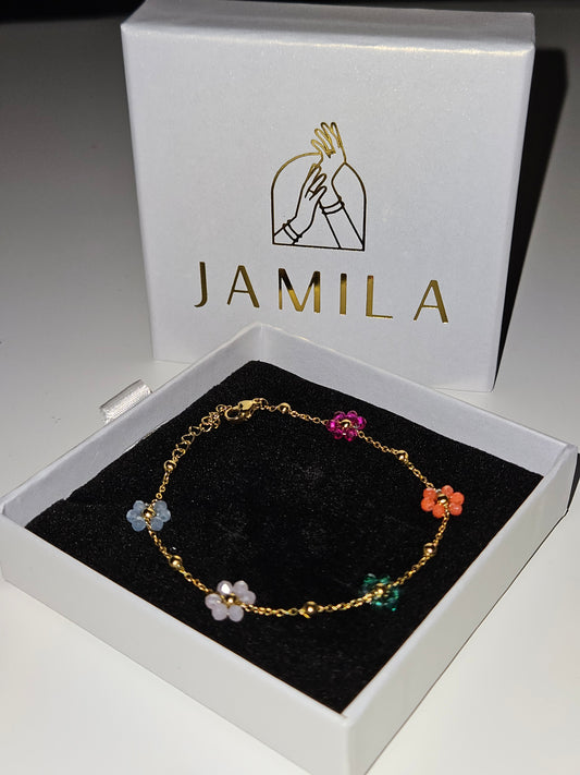 Gold Plated Dahlia Flower Bracelet: Stainless Steel Charm Bracelet