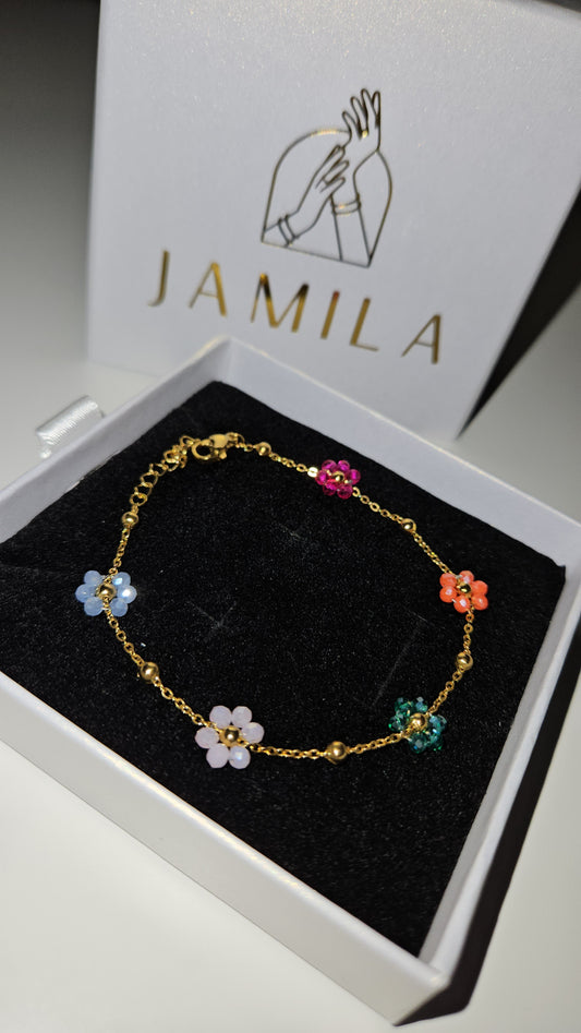 Gold Plated Dahlia Flower Bracelet: Stainless Steel Charm Bracelet