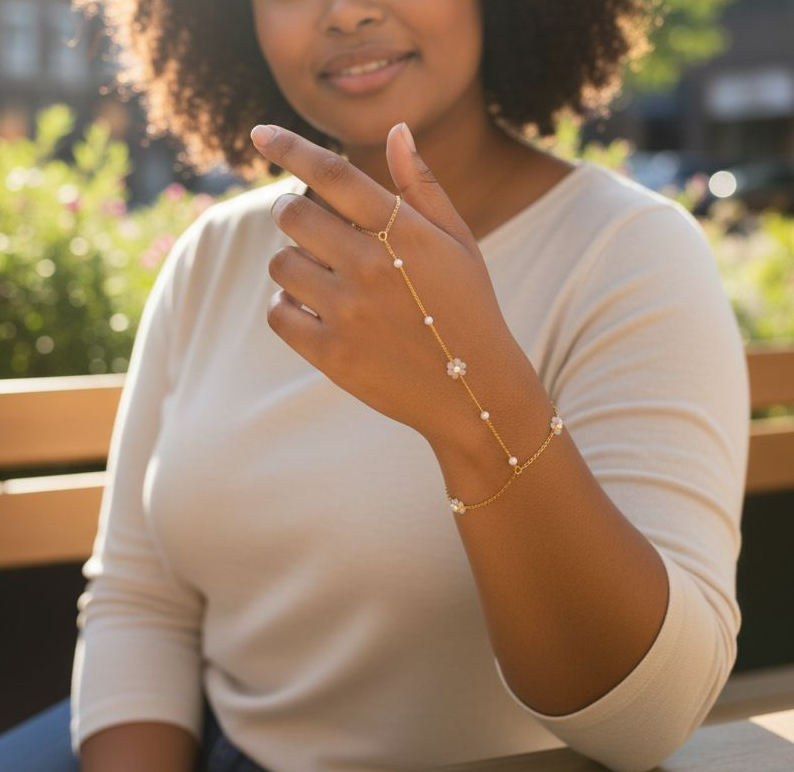 18K Gold Plated Hand Chain – White Flower Detail ✨